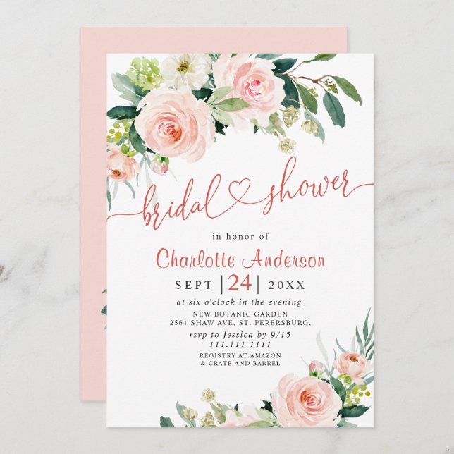 Blush Pink Flowers Watercolor Bridal Shower Invitation (Front/Back)