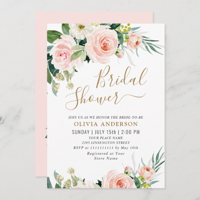 Blush Pink Flowers Watercolor Bridal Shower Invitation (Front/Back)