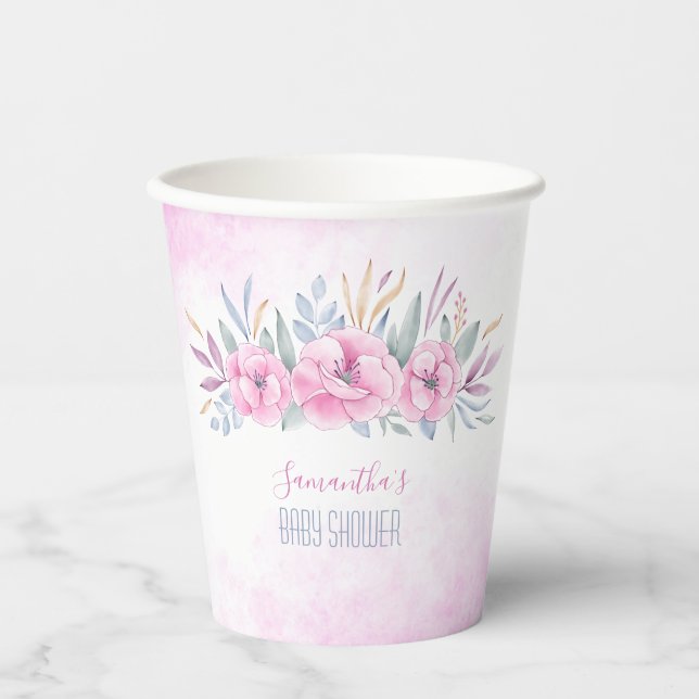 Blush Pink Flowers Watercolor Elegant Baby Shower Paper Cups (Front)