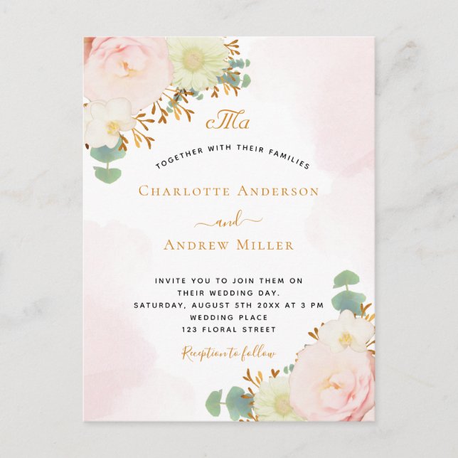 Blush pink flowers watercolor gold wedding postcard (Front)