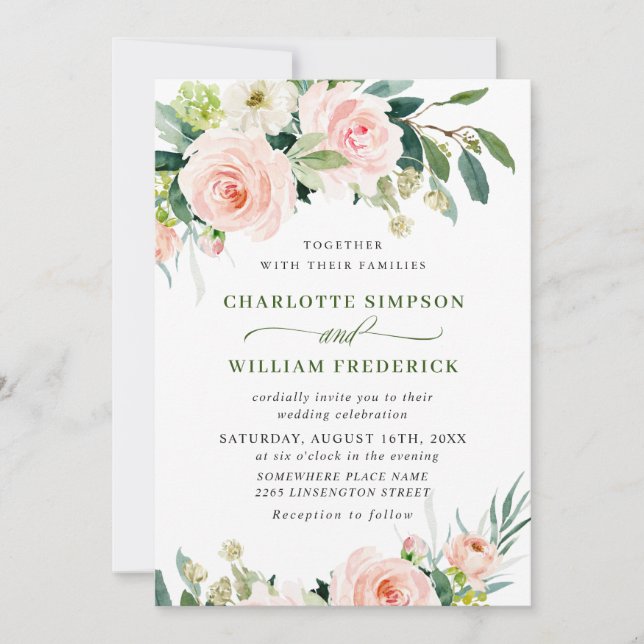 Blush Pink Flowers Watercolor Greenery Wedding Invitation (Front)