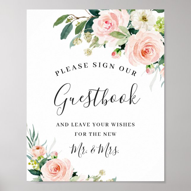 Blush Pink Flowers Wedding Sign Our Guestbook (Front)