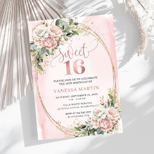 Blush Pink Flowers with Greenery Sweet Sixteen Invitation