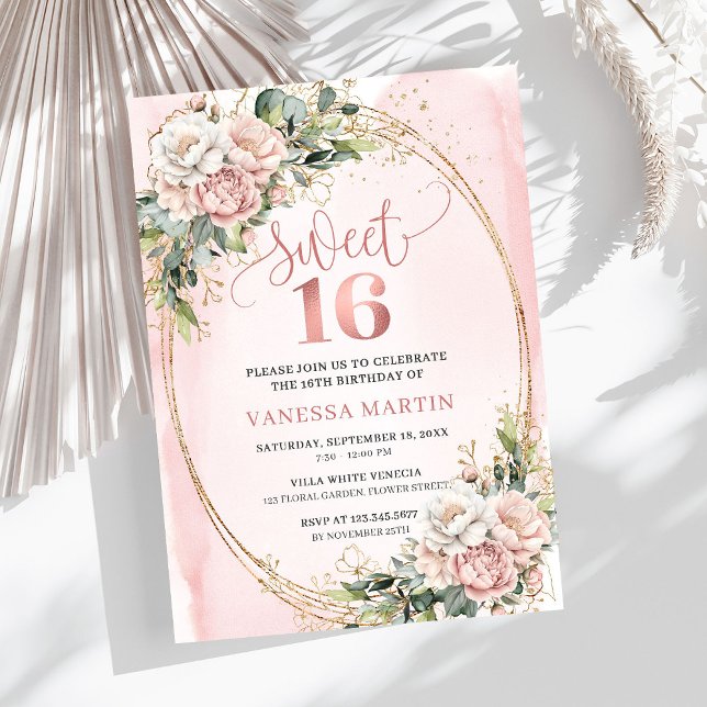 Blush Pink Flowers with Greenery Sweet Sixteen  Invitation (Blush Pink Flowers with Greenery Sweet Sixteen Invite)