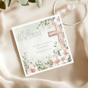 Blush pink flowers  wooden cross baptism green napkin
