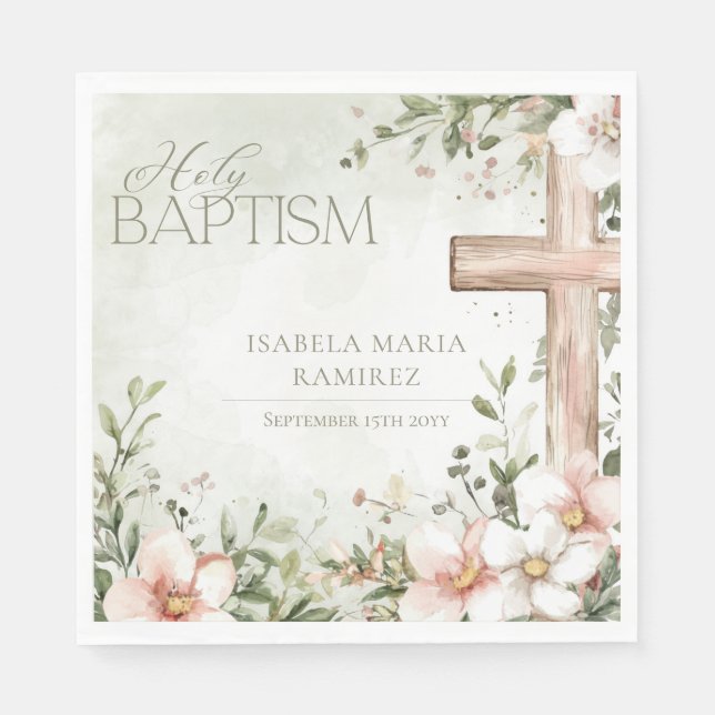 Blush pink flowers  wooden cross baptism green napkin (Front)
