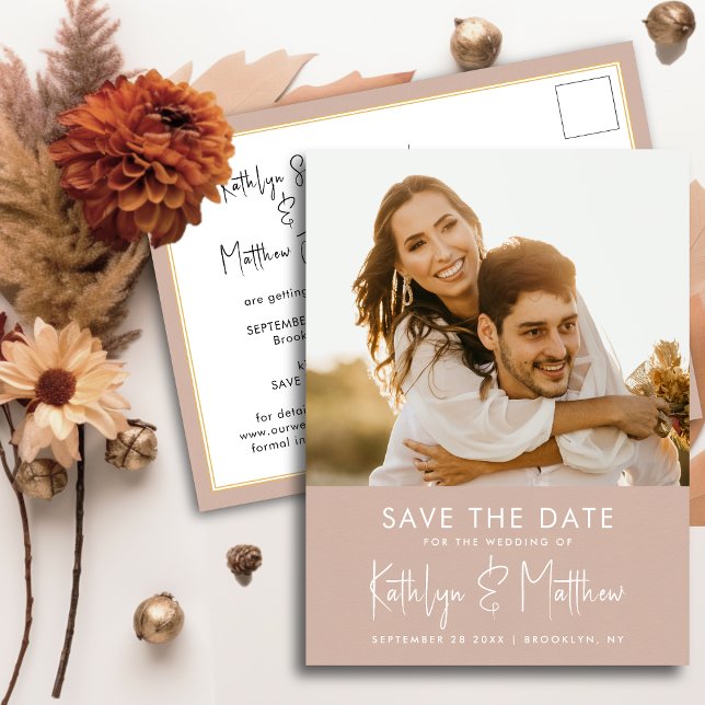 Blush Pink Fun Script Modern Photo Wedding Save Th Announcement Postcard (Creator Uploaded)