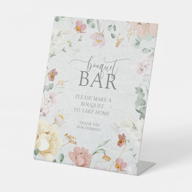 Blush Pink Garden Flowers Shower Bouquet Bar Pedestal Sign (Front)