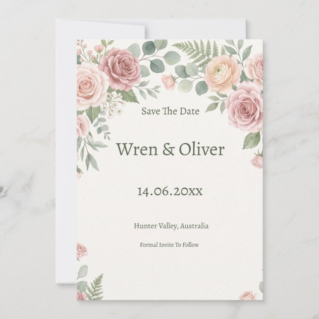 Blush Pink Garden Rose Floral Save The Date (Front)