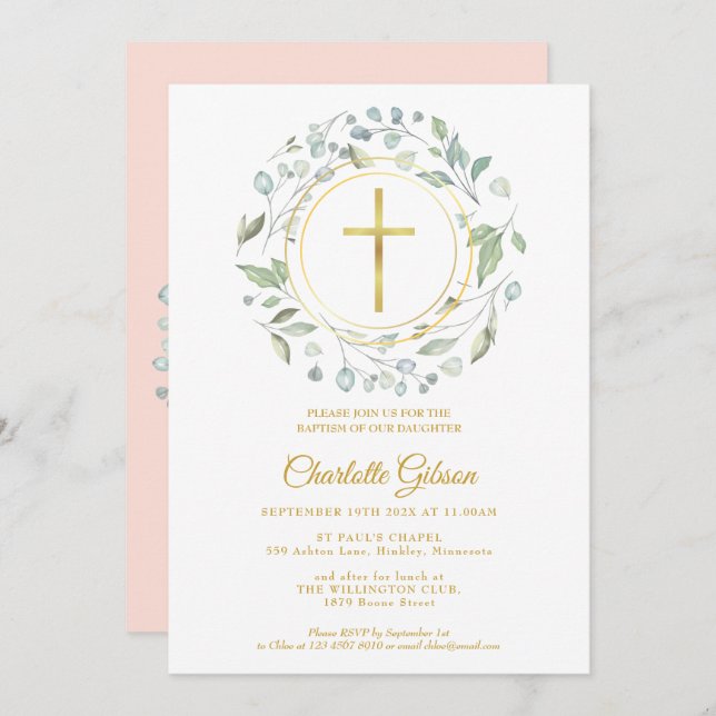 Blush Pink Garland Gold Cross Baptism Christening  Invitation (Front/Back)