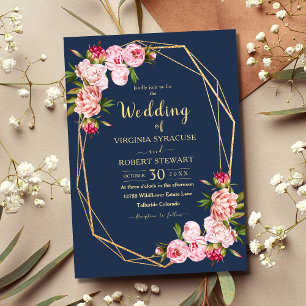 Blush Pink Geometric Elegant Blue Navy Wedding Invitation