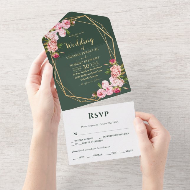 Blush Pink Geometric Elegant Greenery Wedding All In One Invitation (Tearaway)