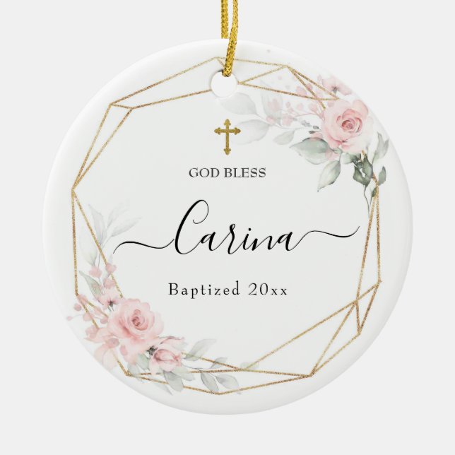Blush Pink Geometric Floral Baptised Ceramic Ornament (Front)