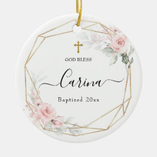 Blush Pink Geometric Floral Baptized Ceramic Ornament