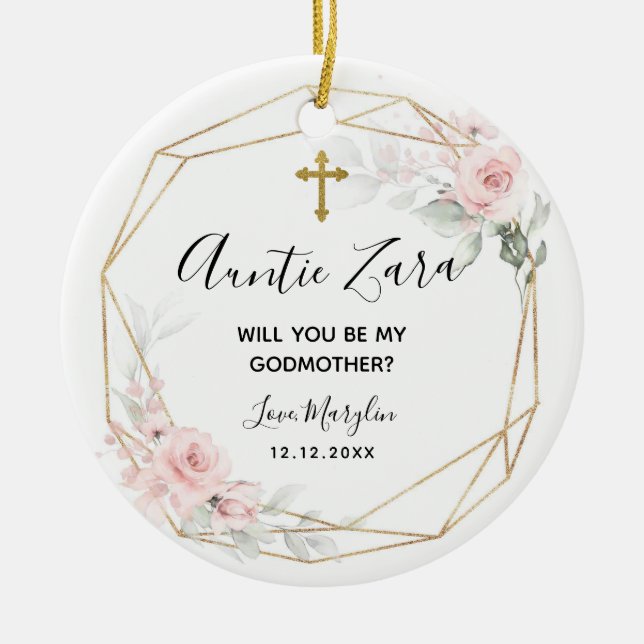 Blush Pink Geometric Floral Godmother Ornament (Front)
