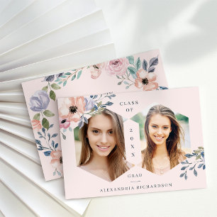 Blush Pink Geometric Floral   Photo Grad Party Invitation