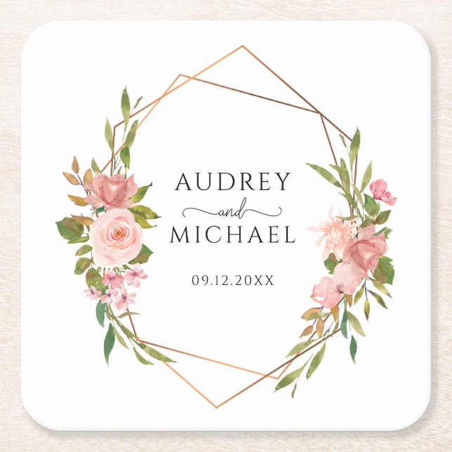 Blush Pink Geometric Floral Wedding Square Paper Coaster (Front)