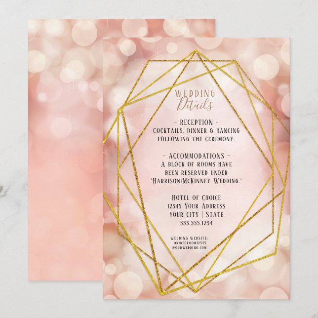 Blush Pink Geometric Gold Glitter Twinkle Lights I Invitation (Front/Back)