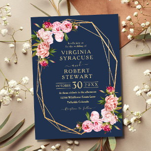Blush Pink Geometric Royal Blue Navy Wedding Invitation