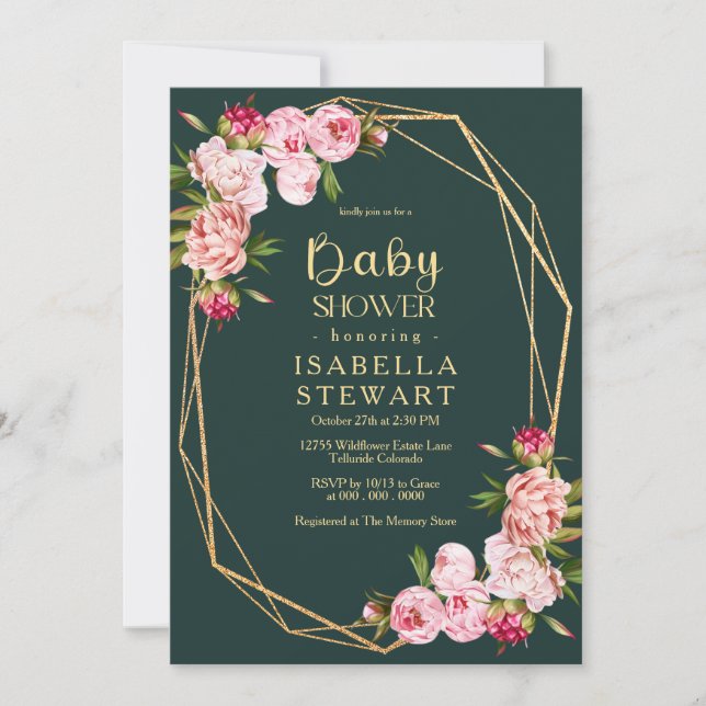 Blush Pink Geometric Royal Dark Green Baby Shower Invitation (Front)