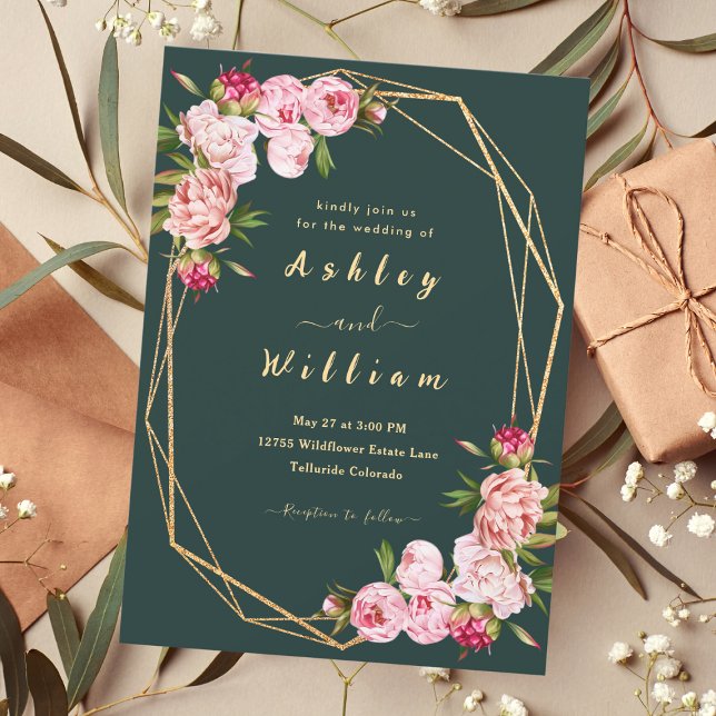 Blush Pink Geometric Royal Dark Green Wedding Invitation (Creator Uploaded)