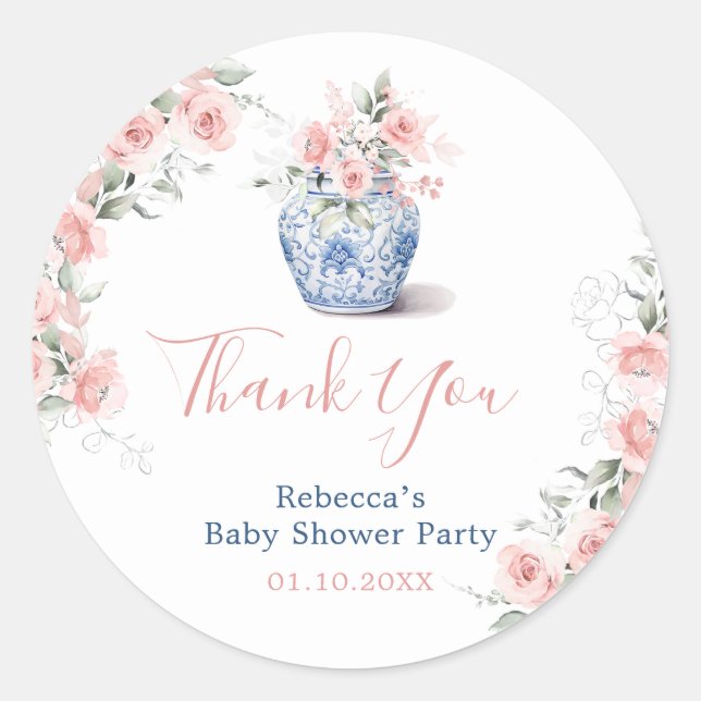 Blush Pink Ginger Jar Baby Shower Thank You Classic Round Sticker (Front)