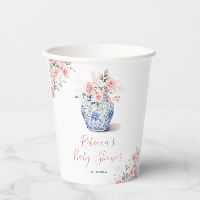 Blush Pink Ginger Jar Chinoiserie Shower Paper Cups (Front)