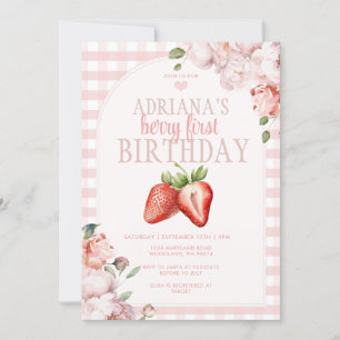 Blush Pink Gingham Berry Sweet Birthday Invitation