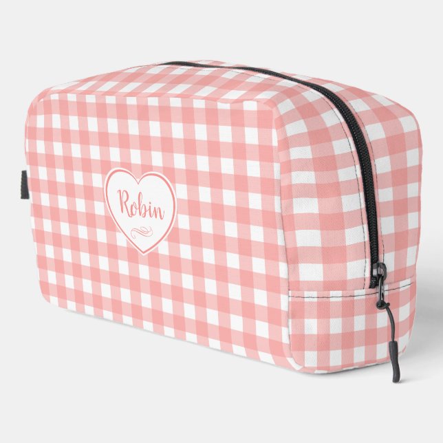 Blush Pink Gingham Check Pattern Dopp Kit (Right Corner)