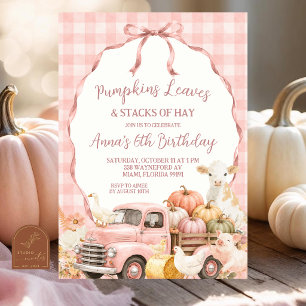 Blush Pink Gingham Farm Animal Kids Birthday Invitation