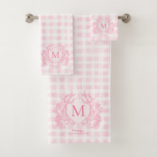 Blush Pink Gingham Floral Crest Monogram Bath Towel Set