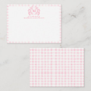 Blush Pink Gingham Floral Crest Monogram Card