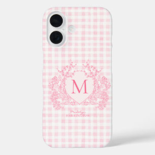 Blush Pink Gingham Floral Crest Monogram iPhone 16 Case