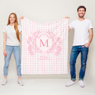 Blush Pink Gingham Floral Crest Monogram Fleece Blanket