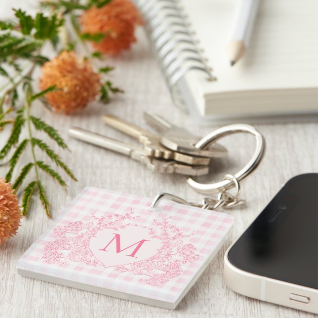 Blush Pink Gingham Floral Crest Monogram Key Ring (Front Right)