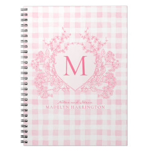 Blush Pink Gingham Floral Crest Monogram Notebook