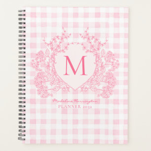 Blush Pink Gingham Floral Crest Monogram Planner