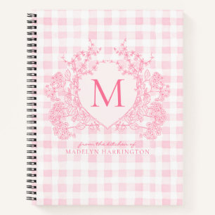 Blush Pink Gingham Floral Crest Monogram Recipe Notebook