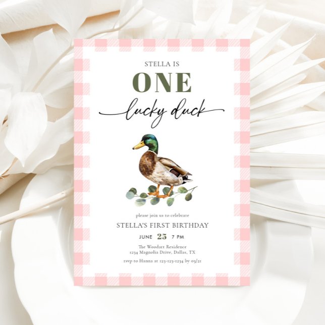 Blush Pink Gingham One Lucky Duck 1st Birthday Invitation (Creator Uploaded)