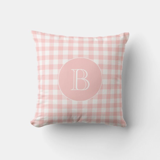 Blush Pink Gingham Pattern Custom Monogram Cushion (Front)