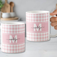 Blush Pink Gingham Plaid Monogram