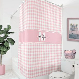 Blush Pink Gingham Plaid Monogram Shower Curtain