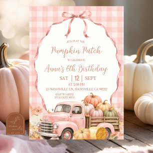 Blush Pink Gingham Pumpkin Patch Birthday Invitation