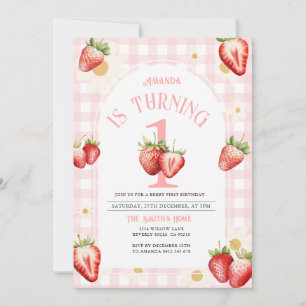 Blush Pink Gingham Strawberry Daisy Birthday Invitation