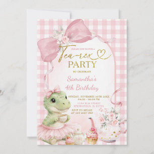 Blush Pink Gingham Tea-Rex Party Bow Dino Birthday Invitation