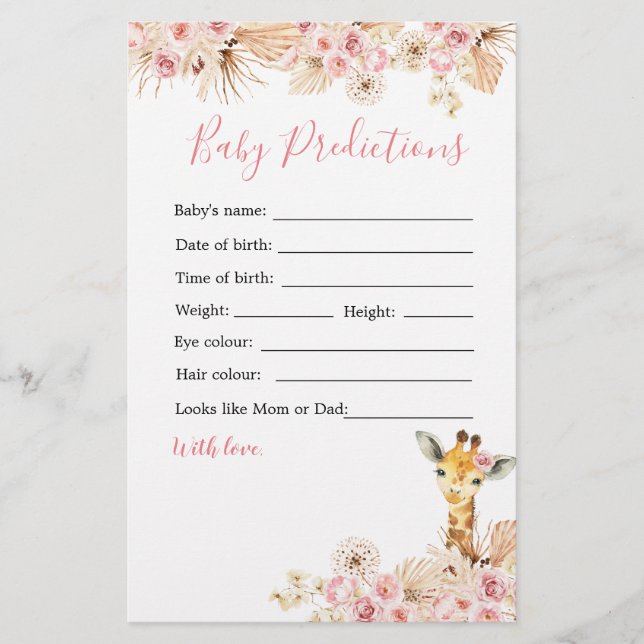Blush Pink Giraffe Baby Shower Baby Predictions (Front)