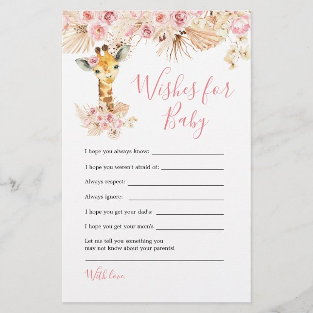 Blush Pink Giraffe Baby Shower Wishes for Baby (Front)