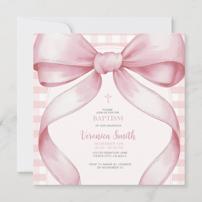 Blush Pink Girl BaptismBow Pearl Necklace Invitation (Front)
