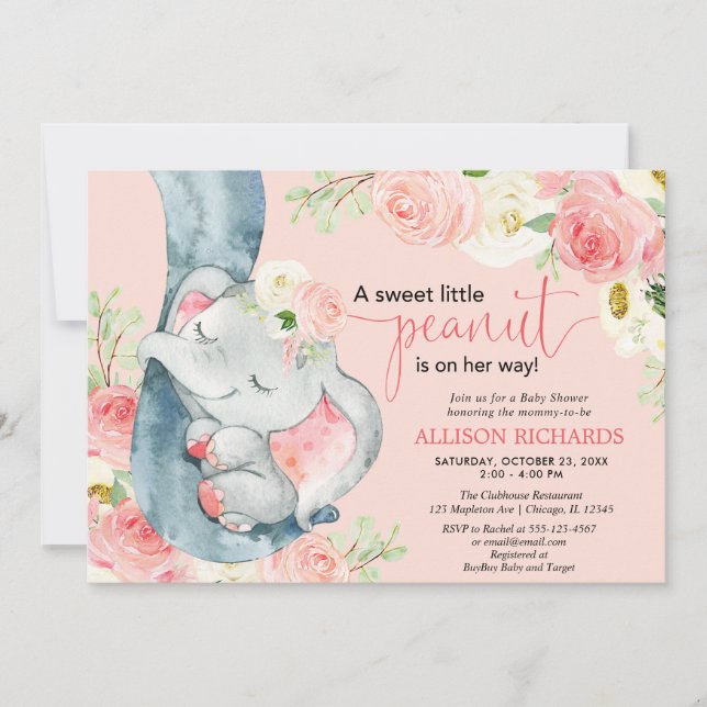 Blush pink girl elephant floral baby shower invitation (Front)