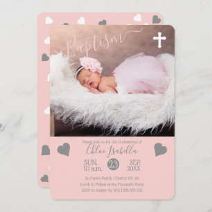 Blush Pink Girl Hearts Christening Baptism Photo Invitation